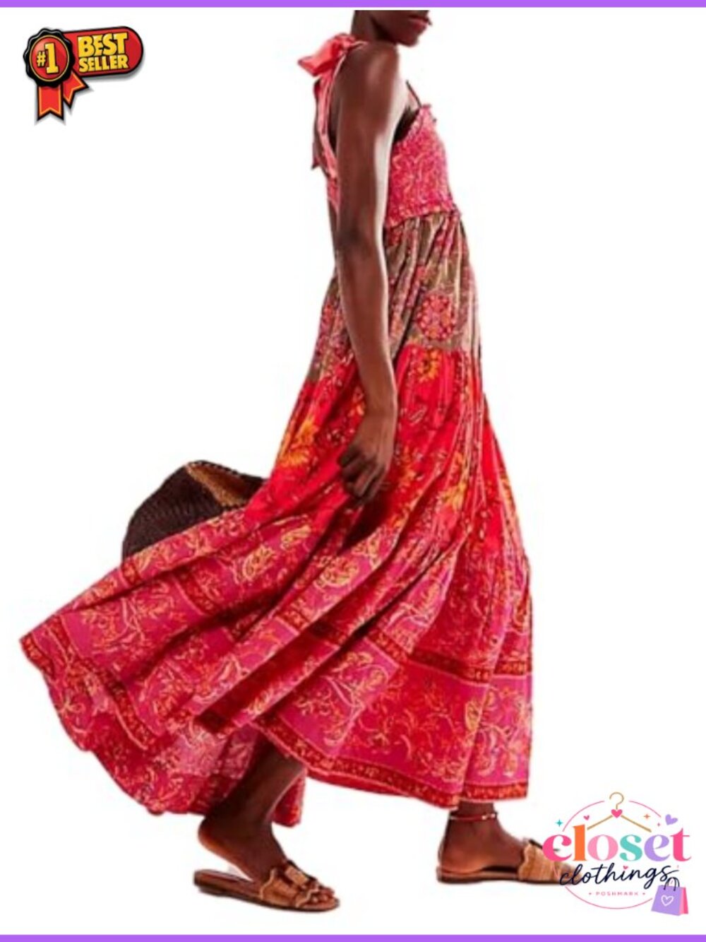 Women Floral Boho Maxi Dress Smocked V-Neck Tie Shoulder Pockets - Picture 1 of 3